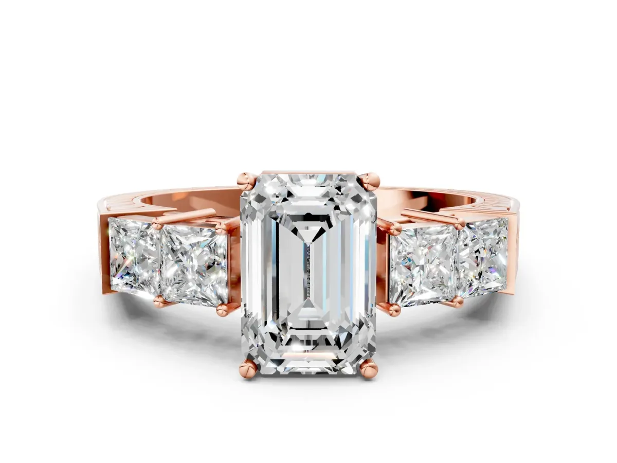 Emerald Cut Solitaire Princess Side Stone Engraved Band Prong Setting Ring Rose gold