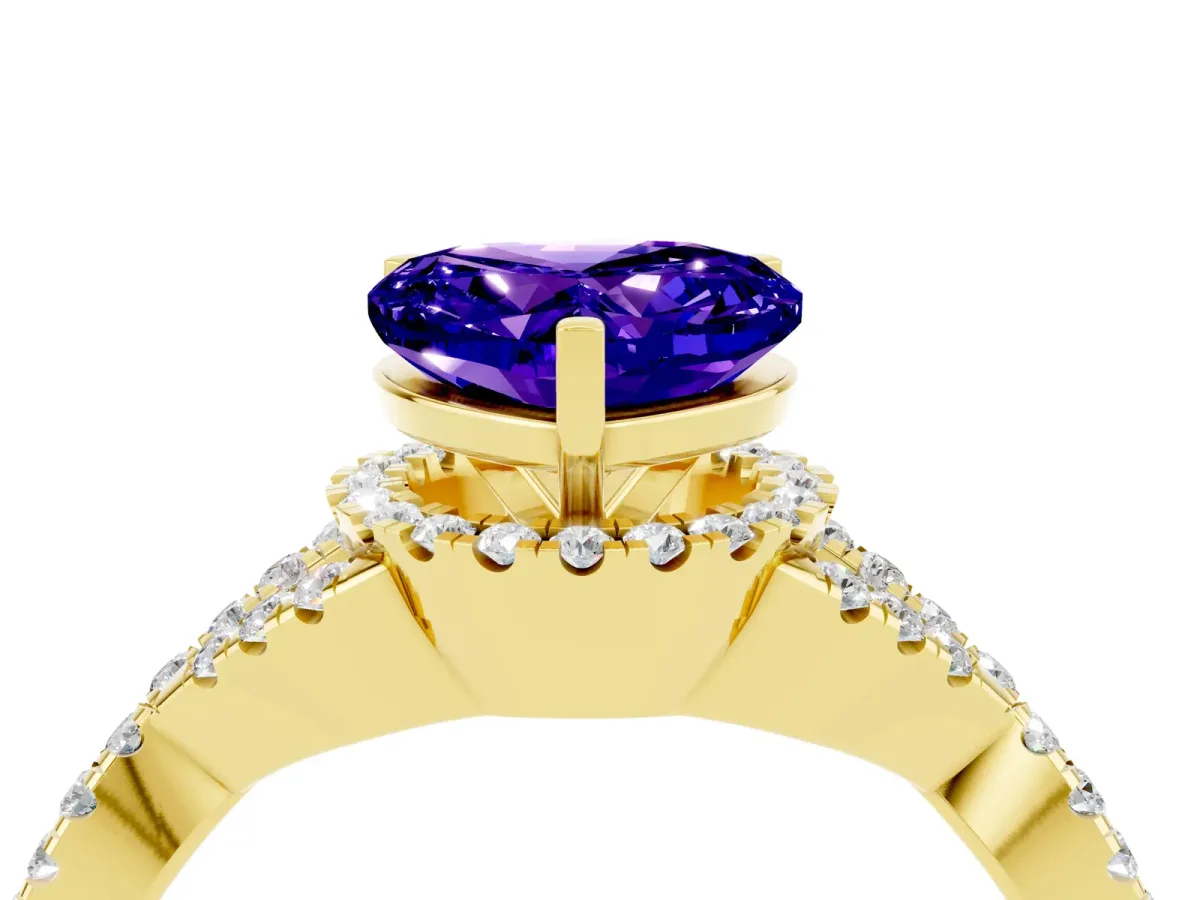 Heart Cut Tanzanite Halo Twist Band Solitaire Prong Setting Ring Yellow gold