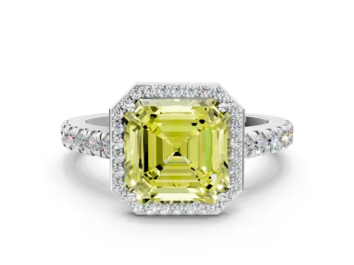 Fancy Yellow Asscher Cut Cut Halo Diamond Engagement Ring with Pave Band and Four-Prong Setting Platinum