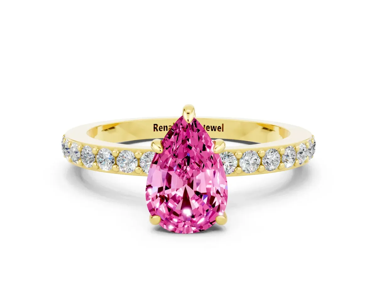 Pear Cut Pink Sapphire Solitaire Engagement Ring with Pavé Band and Four-Prong Setting Yellow gold