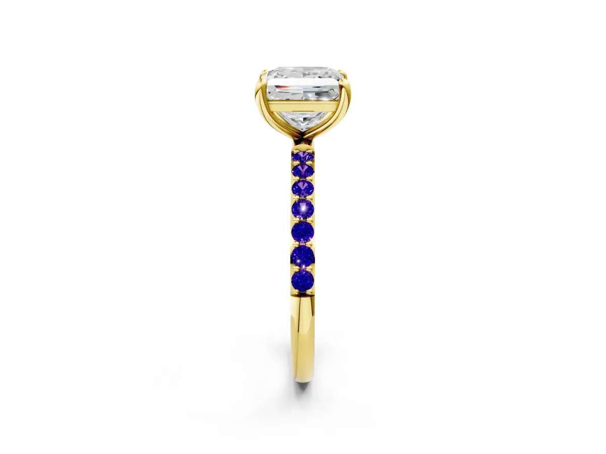 Princess Cut Diamond Solitaire Ring with Round Tanzanite Pavé Band and Prong Setting Yellow gold