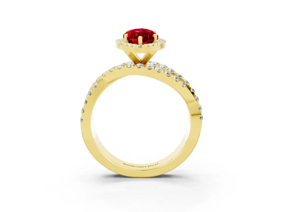 Marquise Cut Ruby Halo Ring with Round Split Shank and Prong Setting Yellow gold