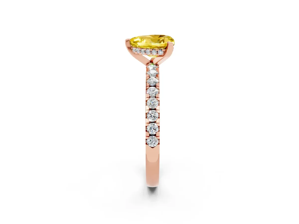 Heart Cut Yellow Sapphire Solitaire Ring with Round Pavé Band and Four-Prong Setting Rose gold