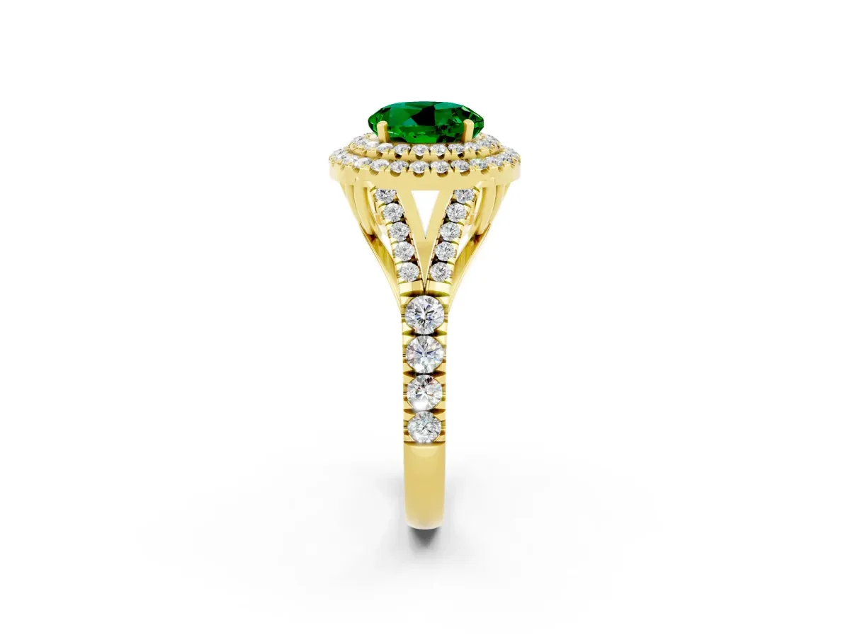 Round Cut Emerald Double Halo Ring with Split Shank and Prong Setting Yellow gold