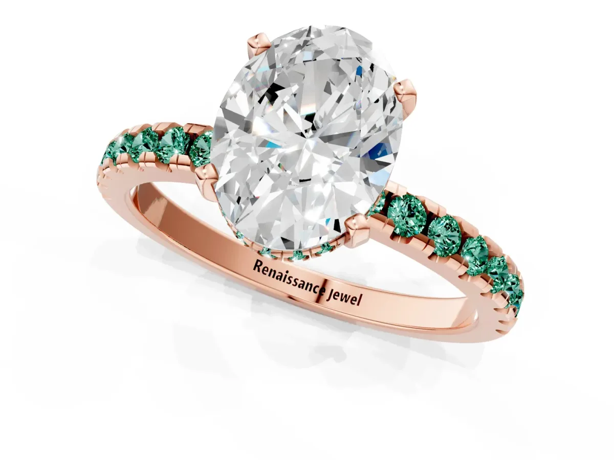 Oval Cut Diamond Solitaire Ring with Round Green Sapphire Pavé Band and Four-Prong Setting Rose gold