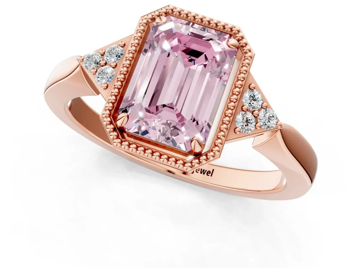 Fancy Pink Emerald Cut Diamond Halo Ring with Tapered Band and Four-Prong Setting Rose gold