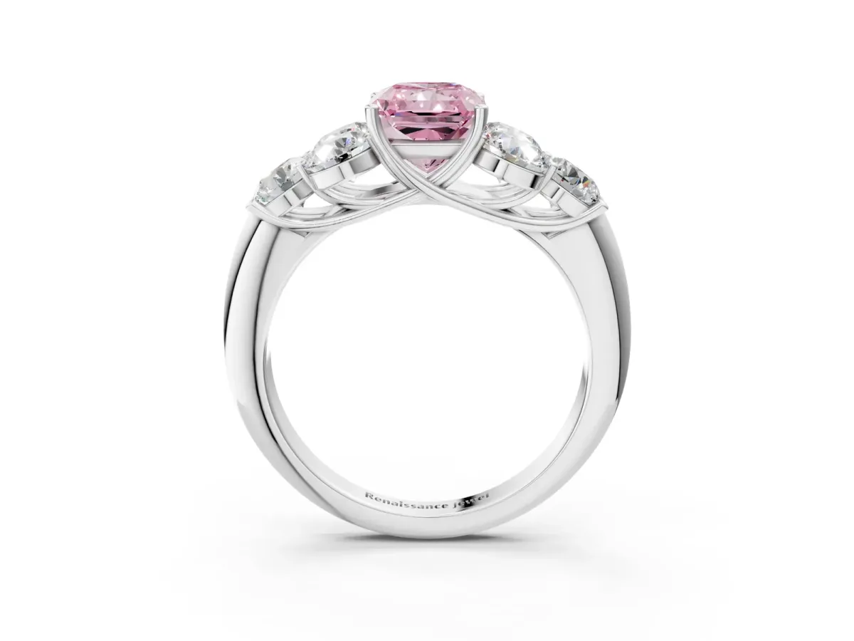 Fancy Pink Radiant Cut Cut Diamond Cluster Ring with Round Accent Stones and Prong Setting on a Classic Band Platinum