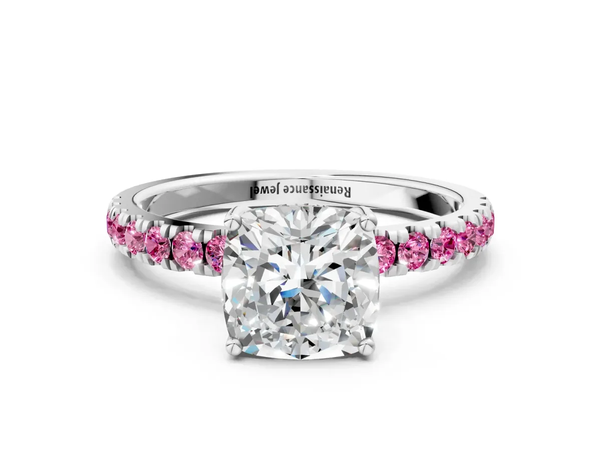 Cushion Cut Diamond Pave Band Solitaire Ring with Round Pink Sapphire and Prong Setting White gold