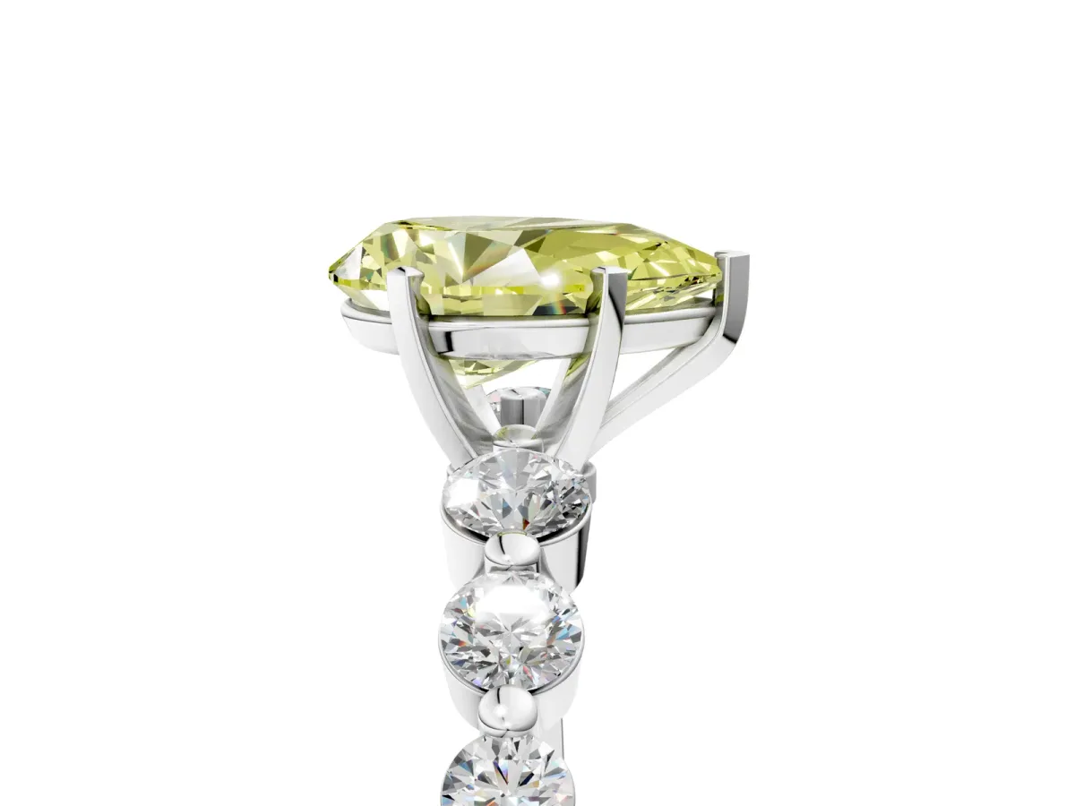 Fancy Yellow Pear Cut Solitaire Diamond Ring with Pave Band and Four-Prong Setting Platinum