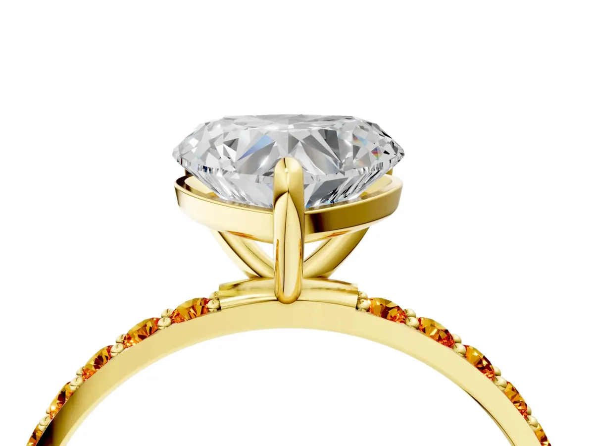 Heart Cut Diamond Solitaire Ring with Round Citrine Pavé Band and Prong Setting Yellow gold