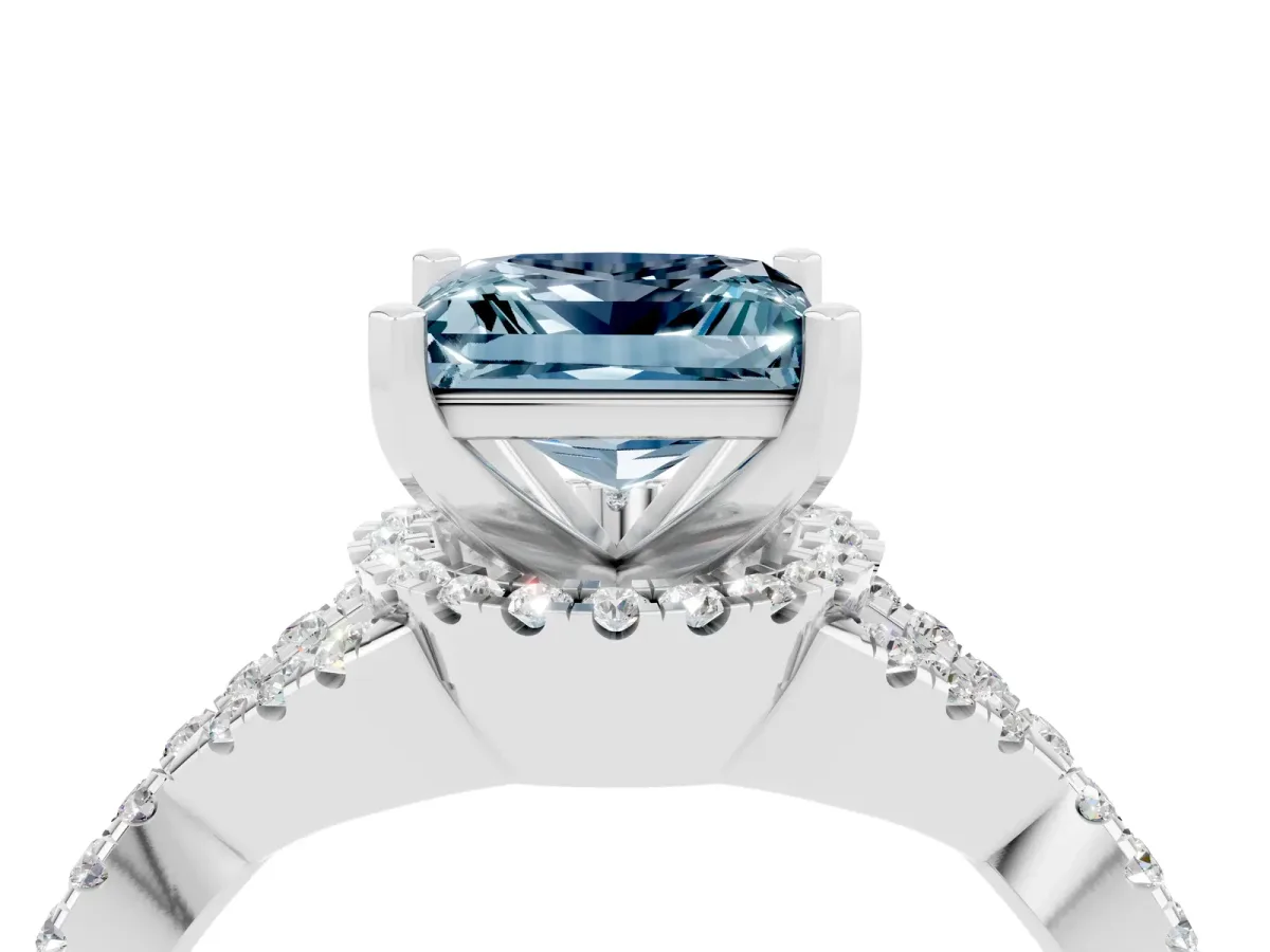Princess Cut Aquamarine Halo Twist Band Solitaire Prong Setting Ring White gold