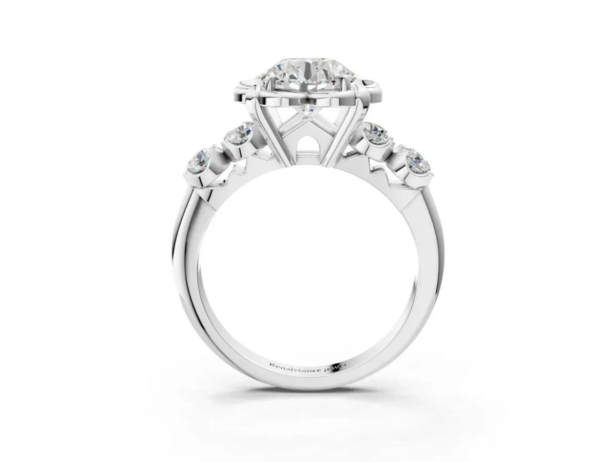 Round Cut Cut Diamond Floral Halo Engagement Ring with Shared Prong Setting Silver
