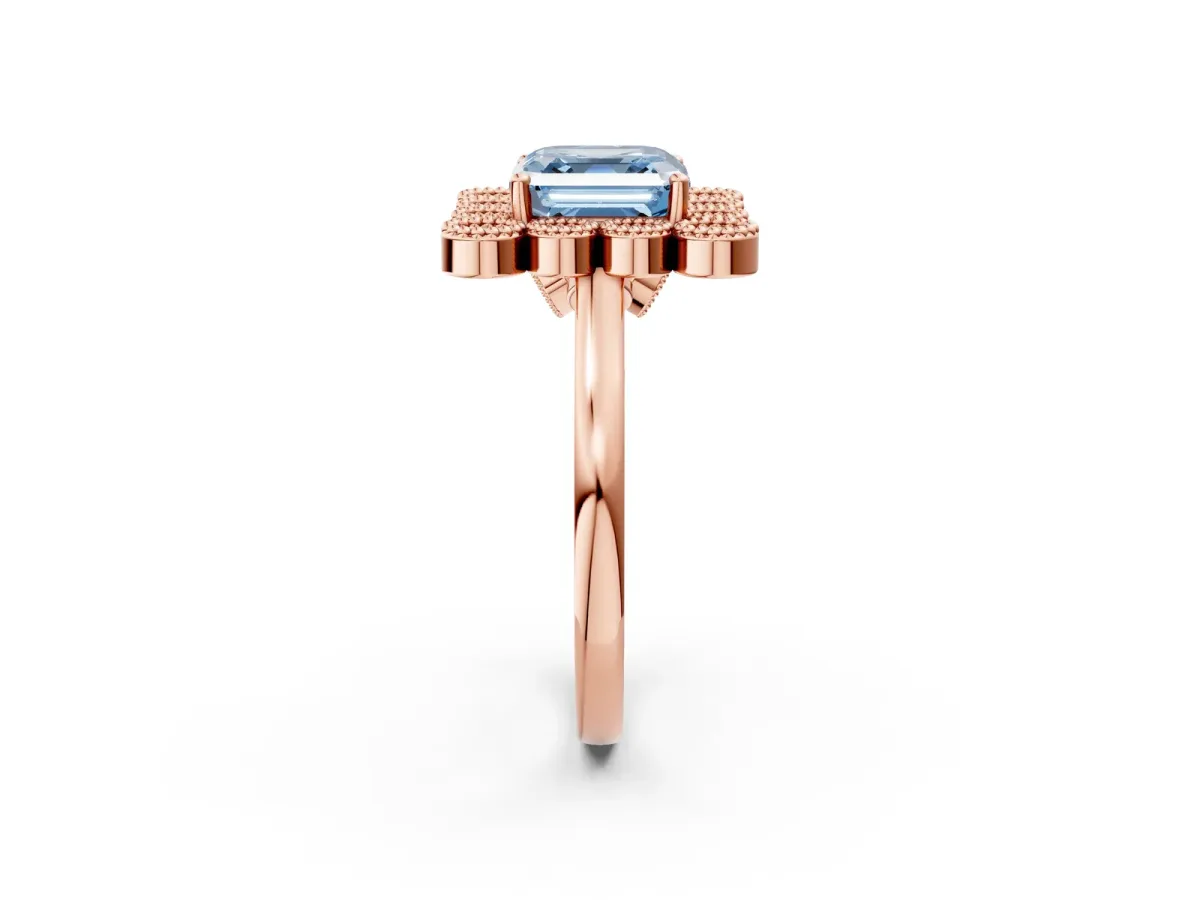 Fancy Blue Asscher Cut Halo Diamond Cluster Engagement Ring with Milgrain Bezel Setting and Solitaire Band Rose gold