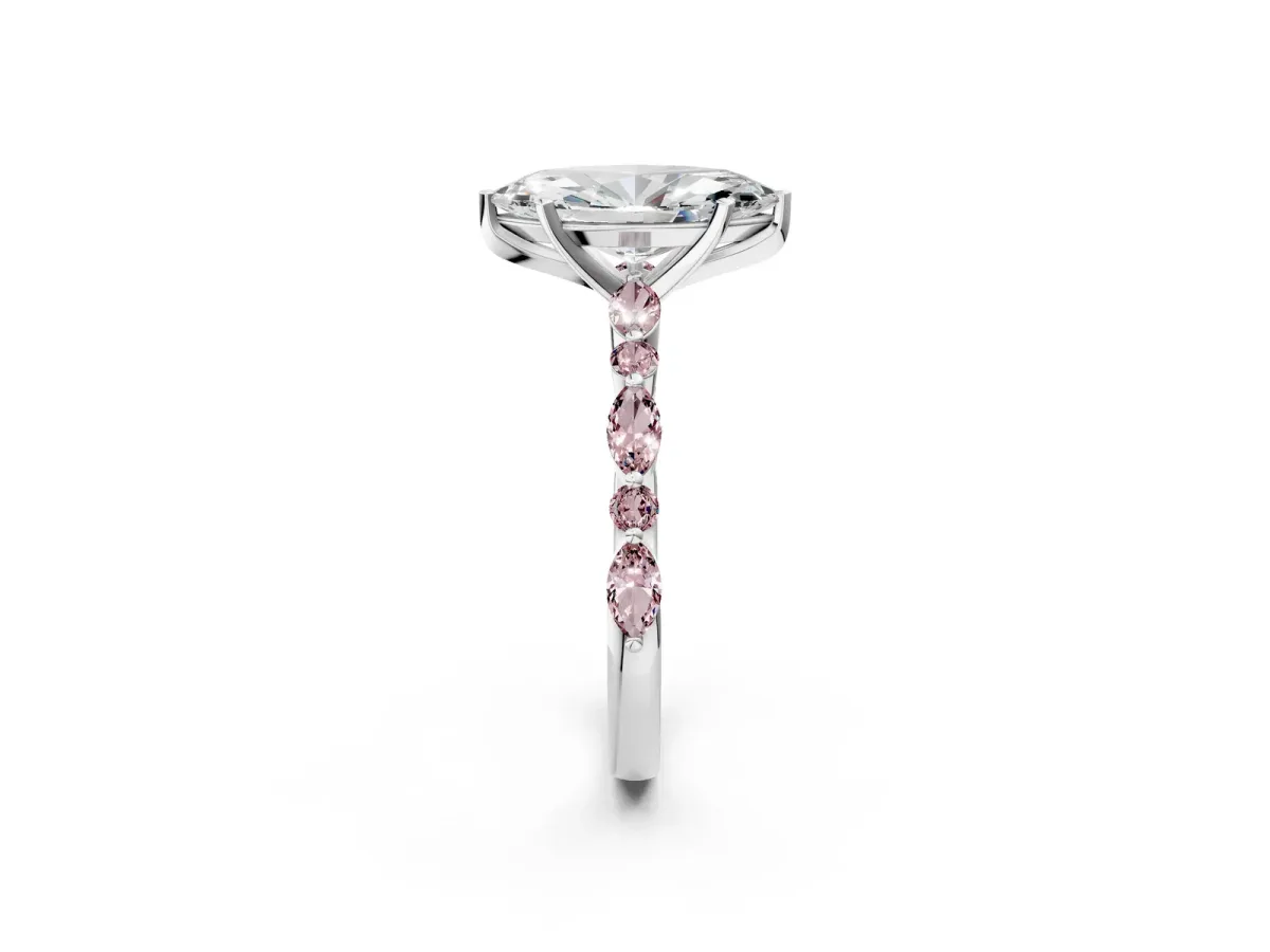 Marquise Cut Diamond Ring with Marquise and Round Morganite Side Stones and Four-Prong Setting White gold