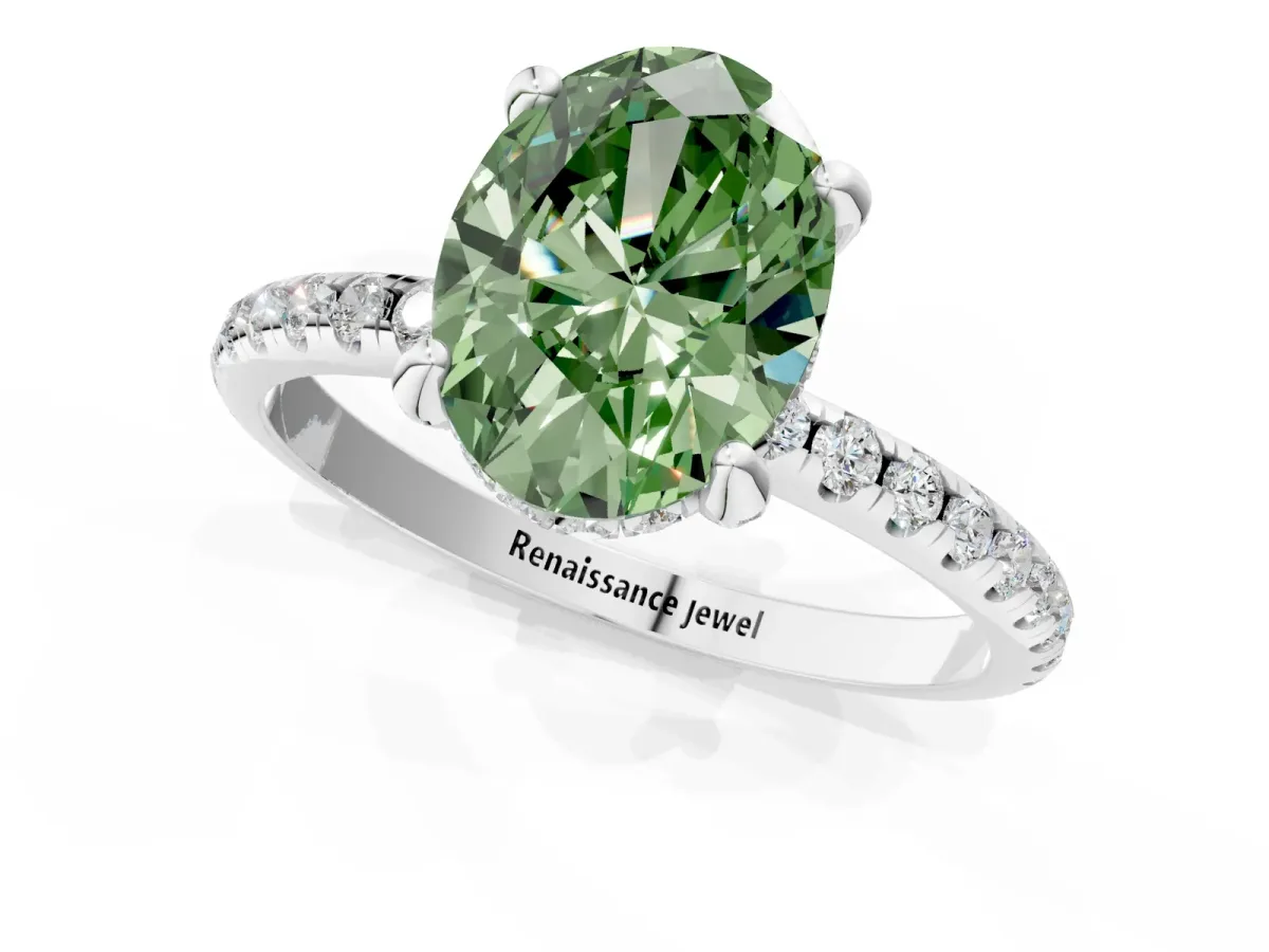 Fancy Green Oval Cut Diamond Hidden Halo Engagement Ring with Round Pavé Band and Prong Setting Silver