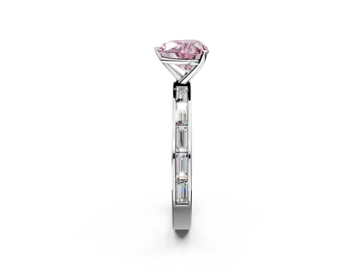 Fancy Pink Heart Cut Solitaire Diamond Ring with Channel-Set Baguette Band and Four-Prong Setting White gold