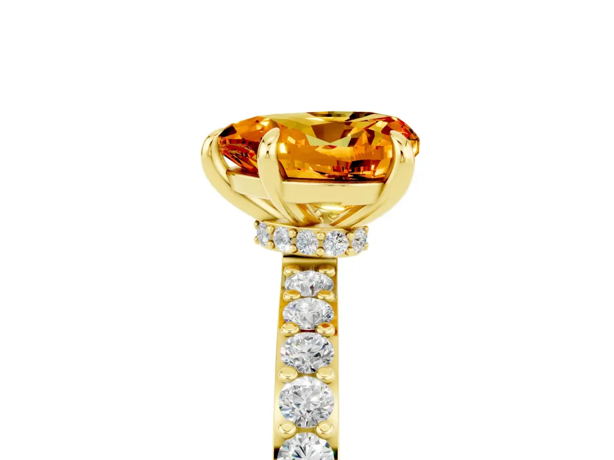 Heart Cut Citrine Solitaire Engagement Ring with Pavé Band and Four-Prong Setting Yellow gold