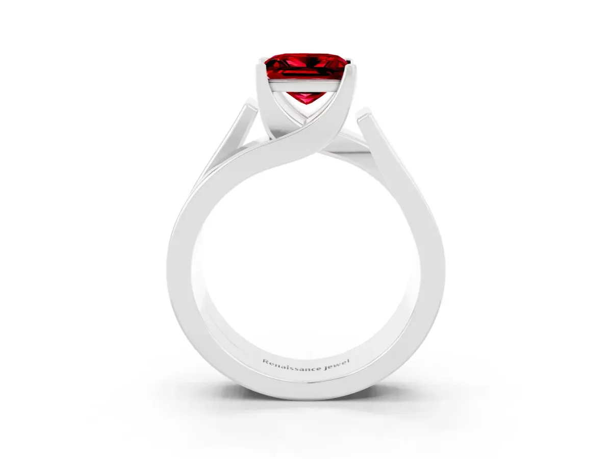 Modern Tension Set Princess Cut Ruby Solitaire Wide Band Ring Silver