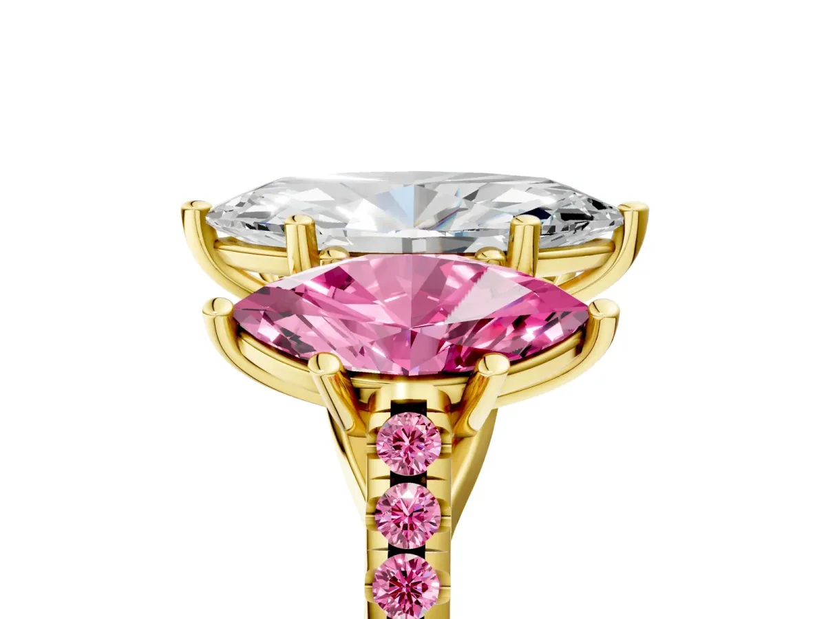 Three-Stone Marquise Cut Diamond Ring with Round Pink Sapphire Pavé Band and Prong Setting Yellow gold