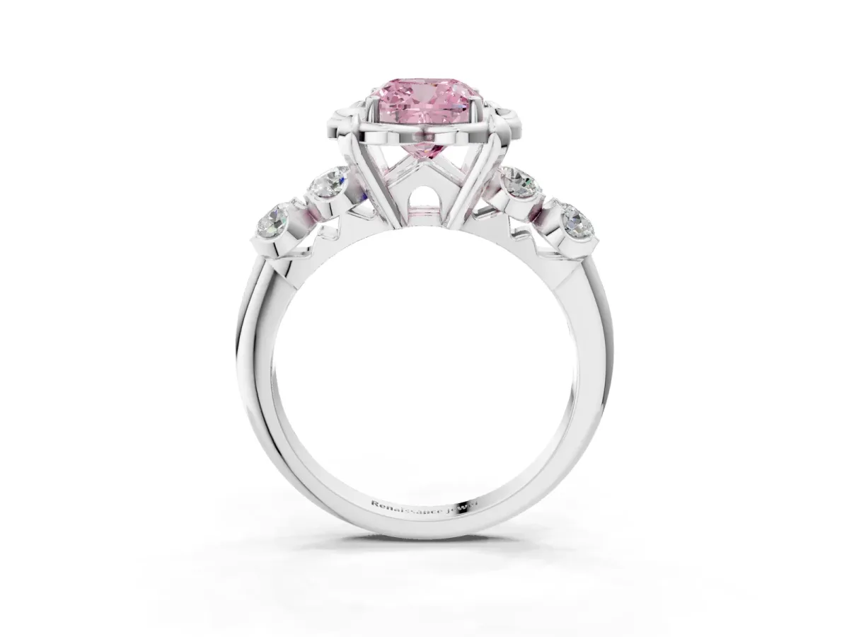Fancy Pink Cushion Cut Cut Diamond Floral Halo Engagement Ring with Shared Prong Setting Silver