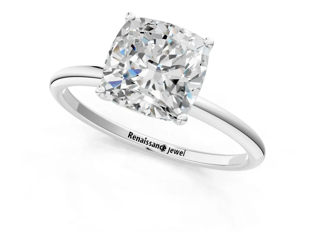 Cushion Cut Cut Solitaire Engagement Ring with Thin Band and Four-Prong Setting Silver