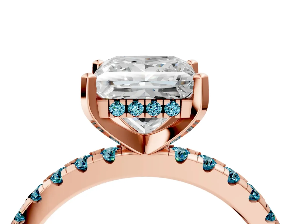 Princess Cut Diamond Solitaire Ring with Round Blue Topaz Pavé Band and Four-Prong Setting Rose gold