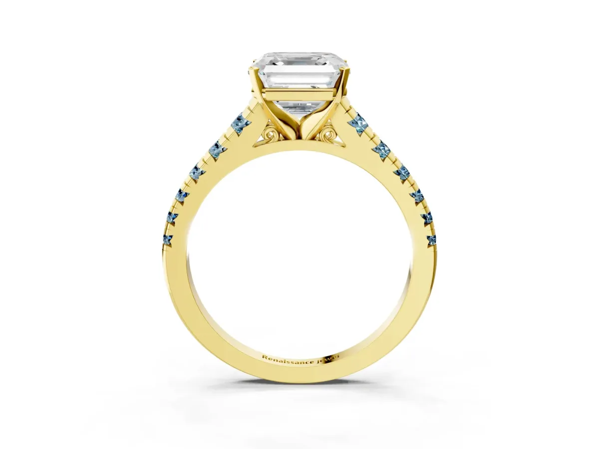 Asscher Cut Diamond Cathedral Solitaire Ring with Round Aquamarine Pavé Band Yellow gold