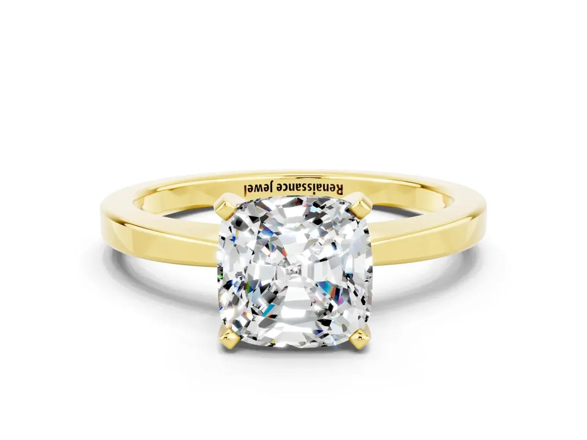 Cushion Cut Moissanite Solitaire Engagement Ring with Classic Band and Four-Prong Setting Yellow gold