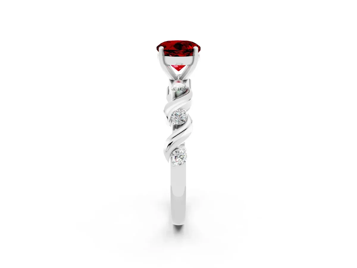 Round Cut Ruby Solitaire Twisted Band with Round Accents and Prong Setting Platinum