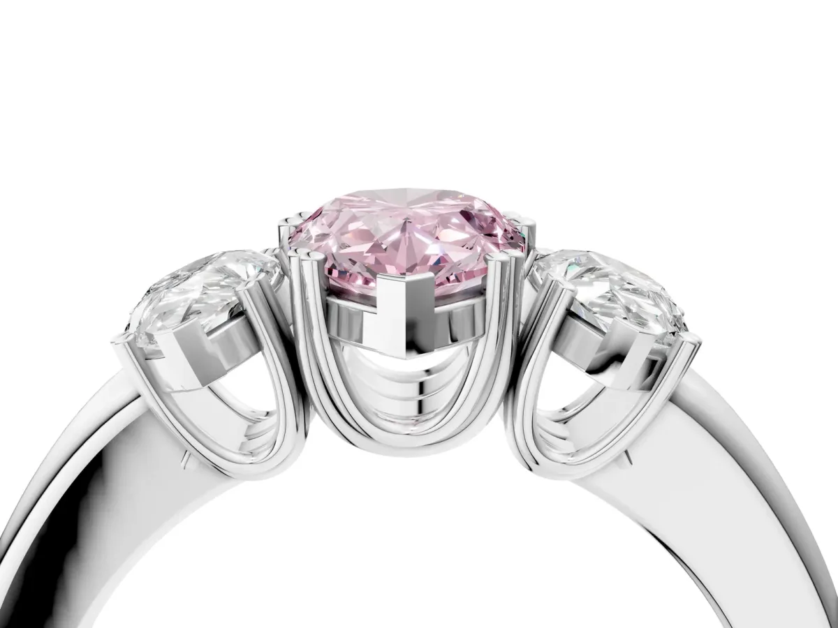 Fancy Pink Three-Stone Pear Cut Cut Diamond Ring with Channel Set Band and Four-Prong Setting Silver