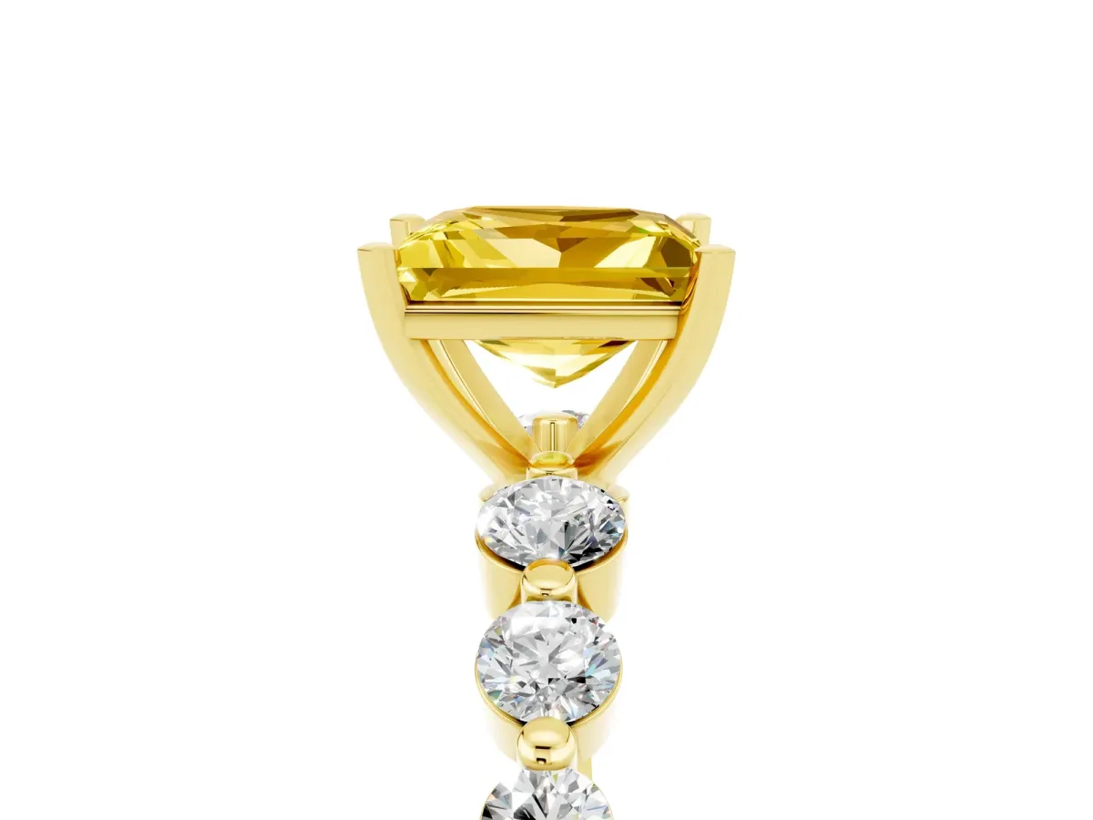 Princess Cut Solitaire Yellow Sapphire Ring with Pave Band and Four-Prong Setting Yellow gold
