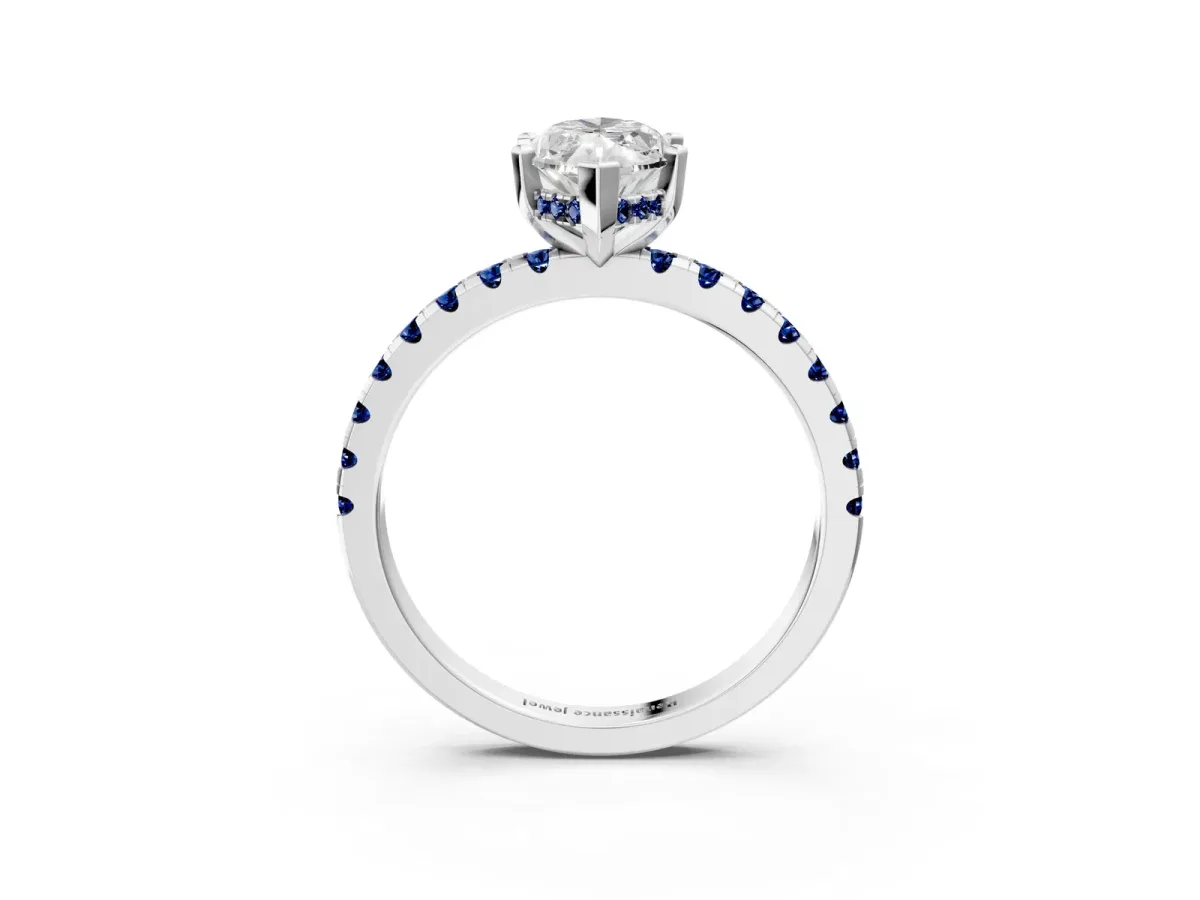 Marquise Cut Diamond Solitaire Ring with Round Blue Sapphire Pavé Band and Four-Prong Setting White gold