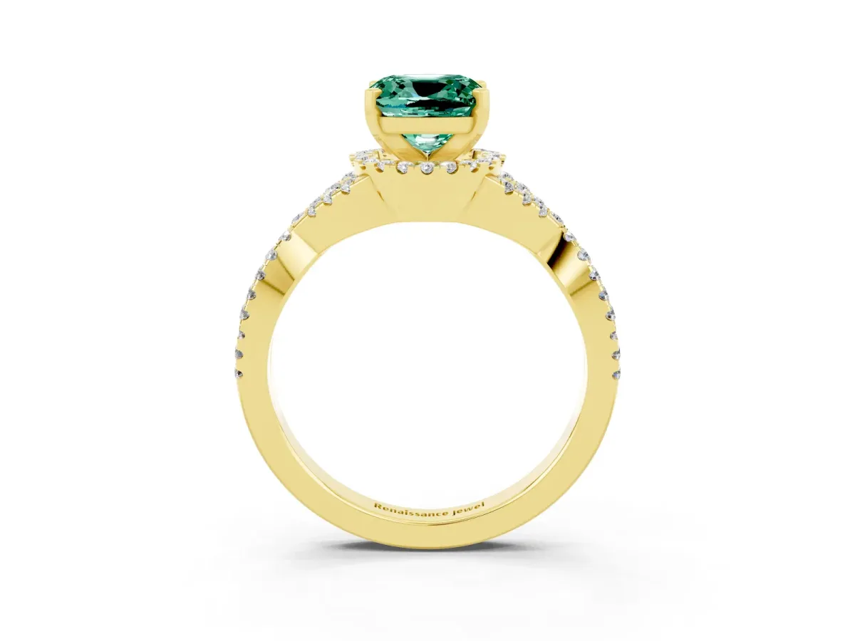 Cushion Cut Green Sapphire Halo Twist Band Solitaire Prong Setting Ring Yellow gold