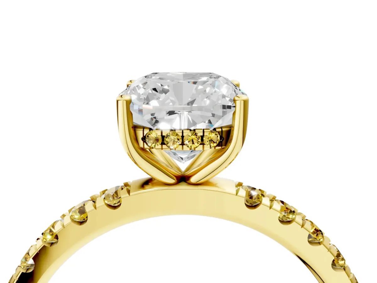 Cushion Cut Diamond Pave Band Solitaire Ring with Round Yellow Sapphire and Prong Setting Yellow gold