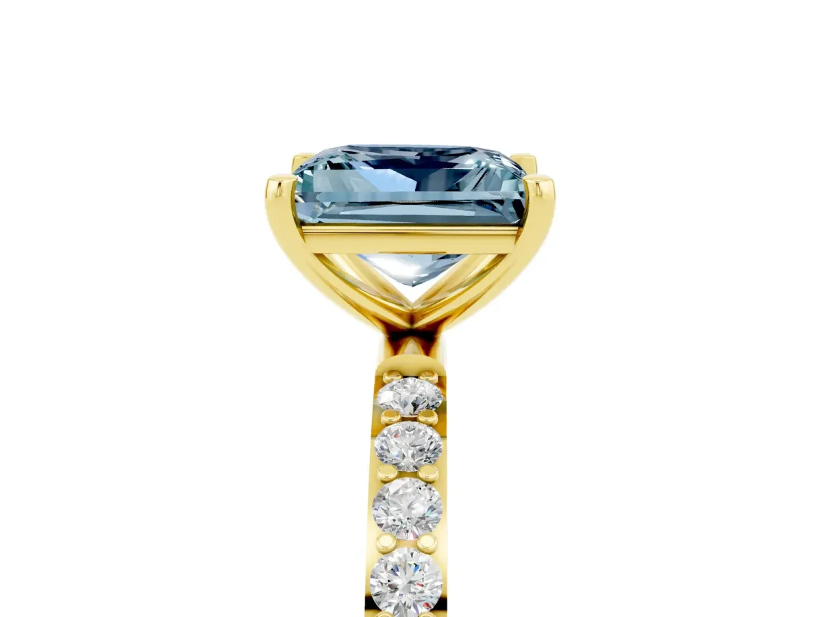 Princess Cut Aquamarine Solitaire Ring with Round Pavé Band and Prong Setting Yellow gold