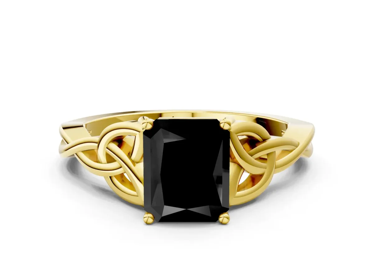 Fancy Black Radiant Cut Diamond Solitaire Engagement Ring with Celtic Knot Band and Four-Prong Setting Yellow gold