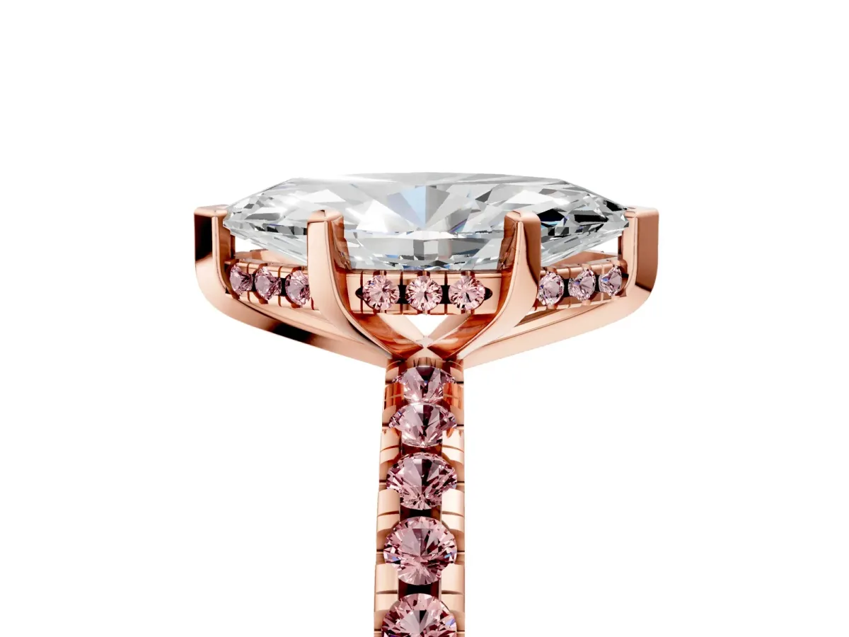 Marquise Cut Diamond Solitaire Ring with Round Morganite Pavé Band and Four-Prong Setting Rose gold