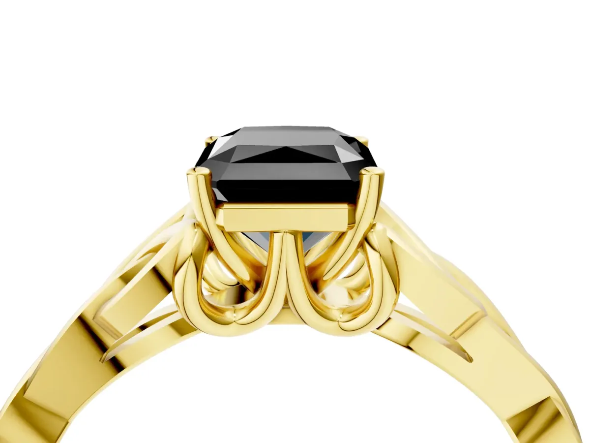 Fancy Black Radiant Cut Diamond Solitaire Engagement Ring with Celtic Knot Band and Four-Prong Setting Yellow gold
