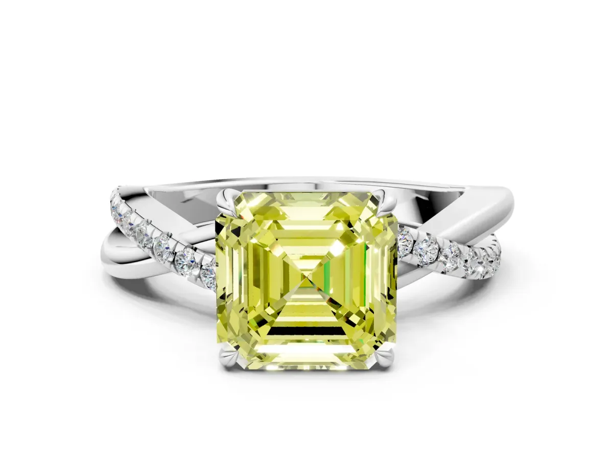 Fancy Yellow Asscher Cut Cut Diamond Twisted Band with Pavé Setting and Four-Prong Setting Platinum