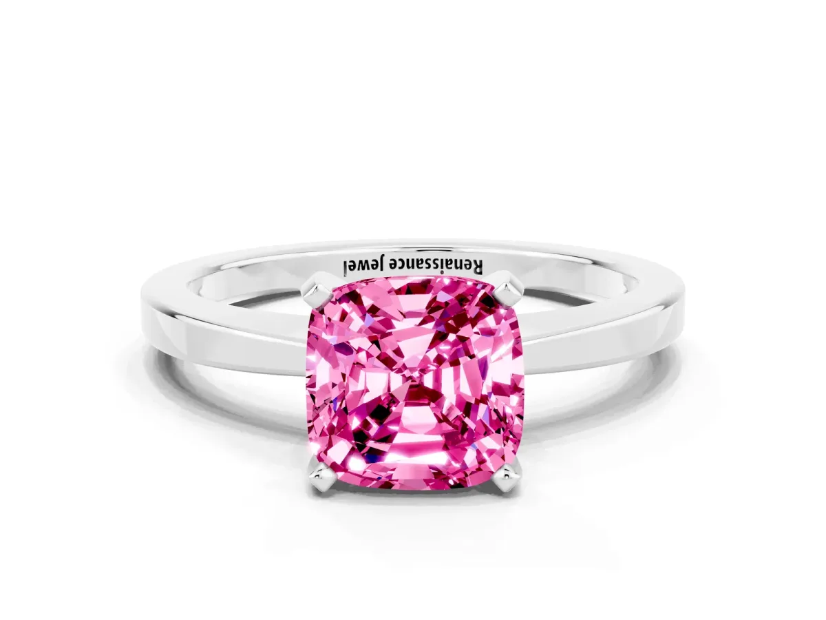 Cushion Cut Pink Sapphire Solitaire Engagement Ring with Classic Band and Four-Prong Setting White gold