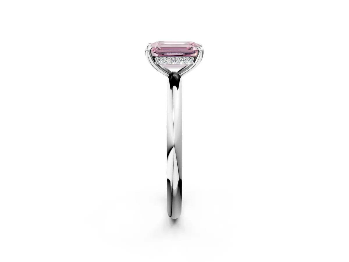 Fancy Pink Emerald Cut Diamond Solitaire Ring with Thin Band and Four-Prong Setting White gold
