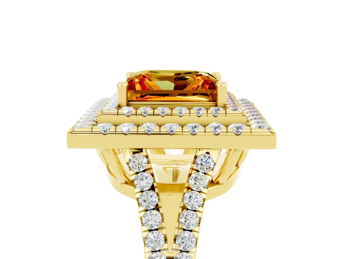 Princess Cut Citrine Double Halo Ring with Pavé Band and Prong Setting Yellow gold