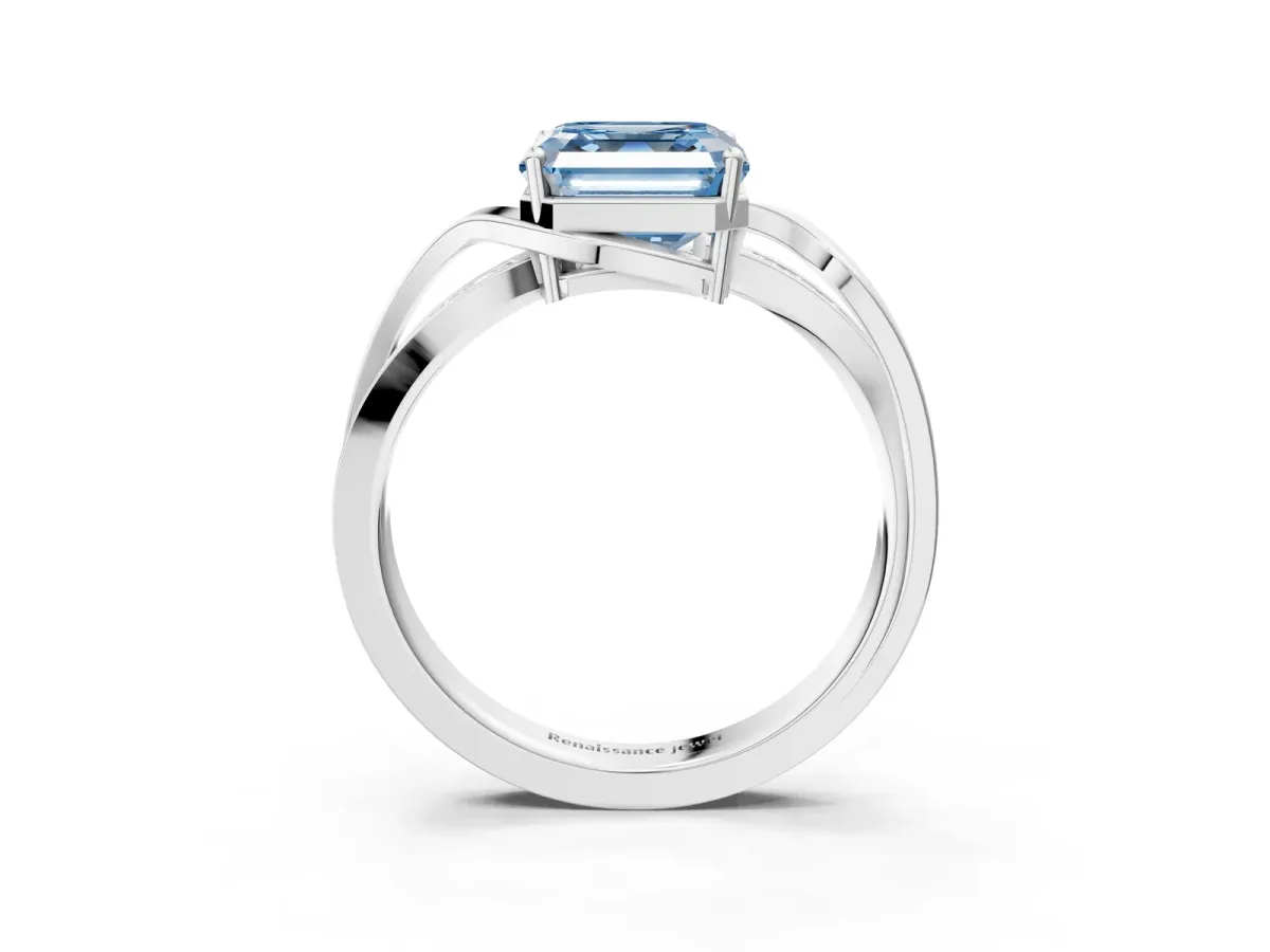 Fancy Blue Asscher Cut Solitaire Twisted Band with Prong Setting Platinum