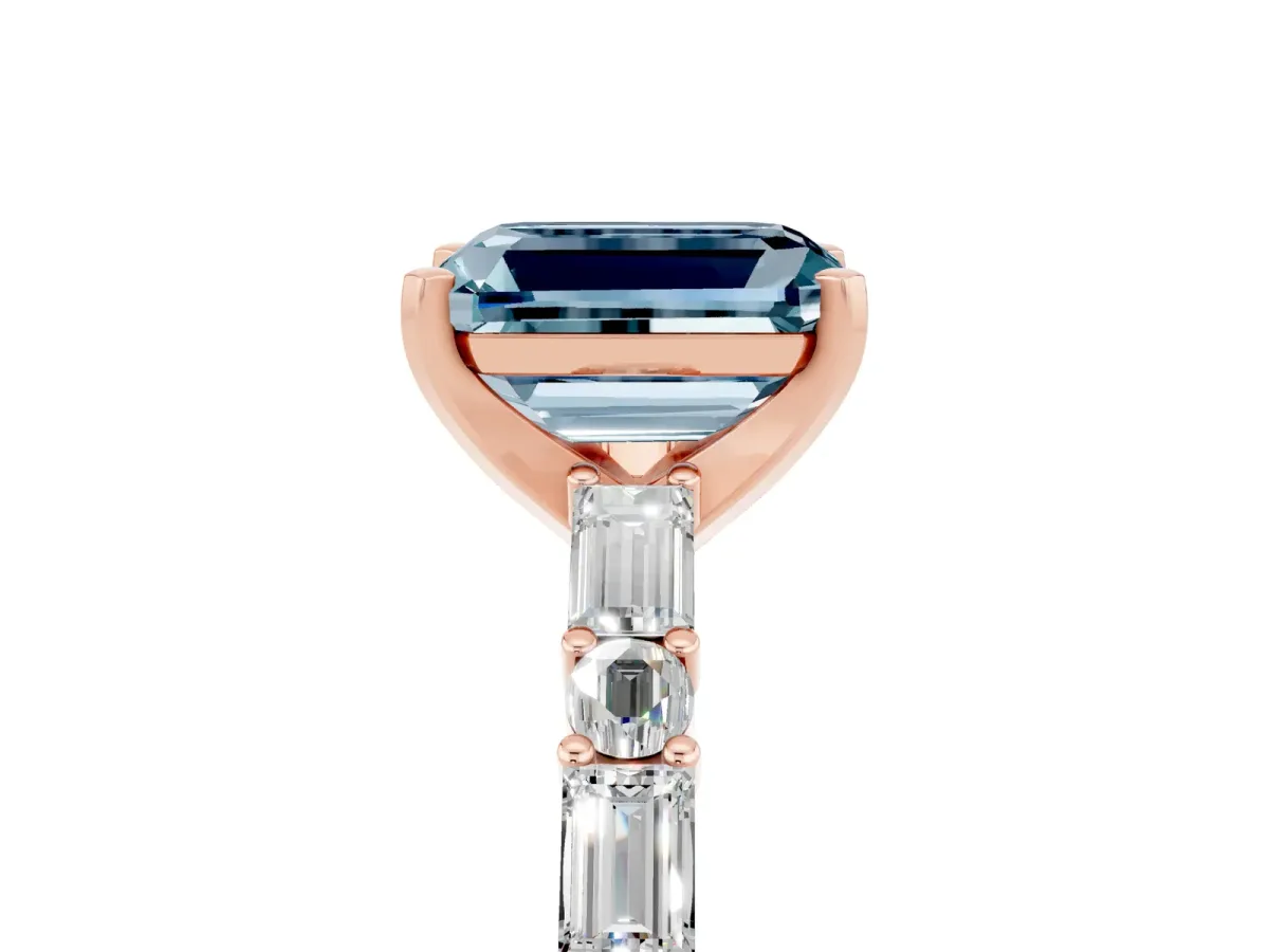 Emerald Cut Aquamarine Solitaire with Side Baguettes and Channel Set Band Rose gold