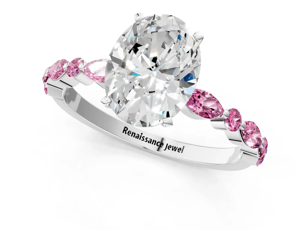 Oval Cut Diamond Ring with Marquise and Round Pink Sapphire Side Stones and Four-Prong Setting White gold