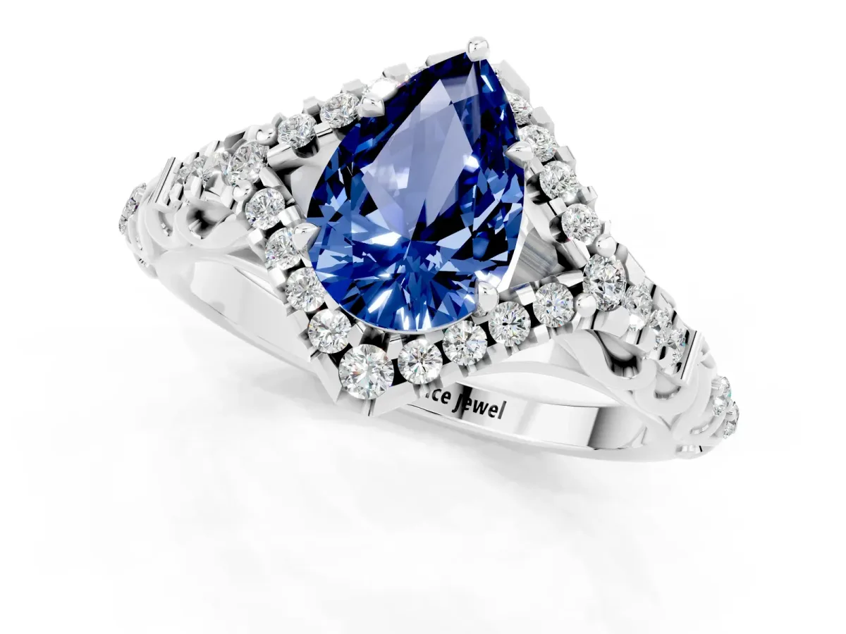Pear Cut Blue Sapphire Solitaire Ring with Hidden Halo and Pavé Band White gold