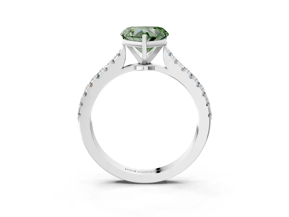Fancy Green Heart Cut Cut Solitaire Diamond Engagement Ring with Pave Band and Four-Prong Setting White gold