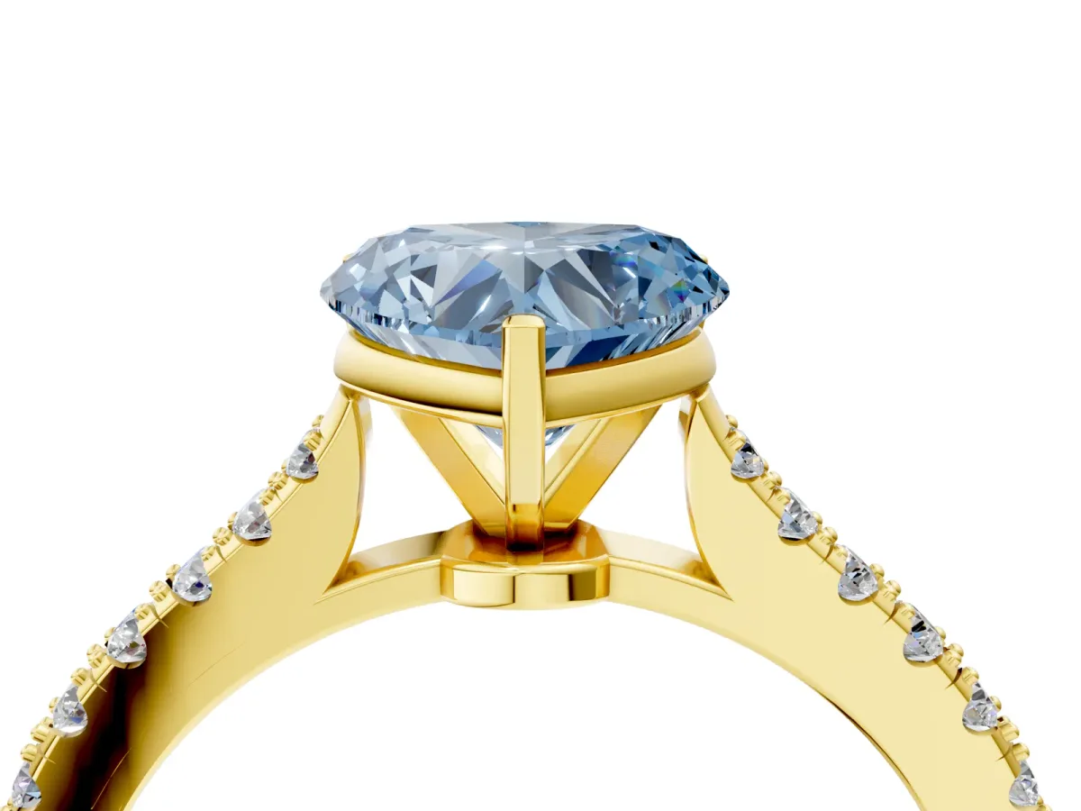 Fancy Blue Heart Cut Cut Solitaire Diamond Engagement Ring with Pave Band and Four-Prong Setting Yellow gold