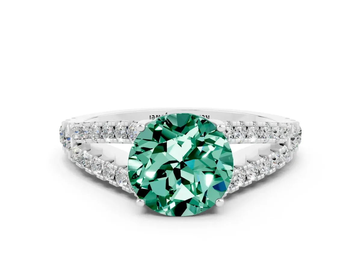 Round Cut Green Sapphire Split Shank Engagement Ring with Round Pavé and Prong Setting Platinum