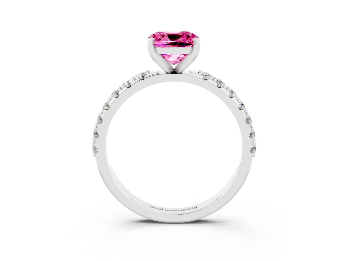 Cushion Cut Pink Sapphire Solitaire Pavé Band with Four-Prong Setting Silver